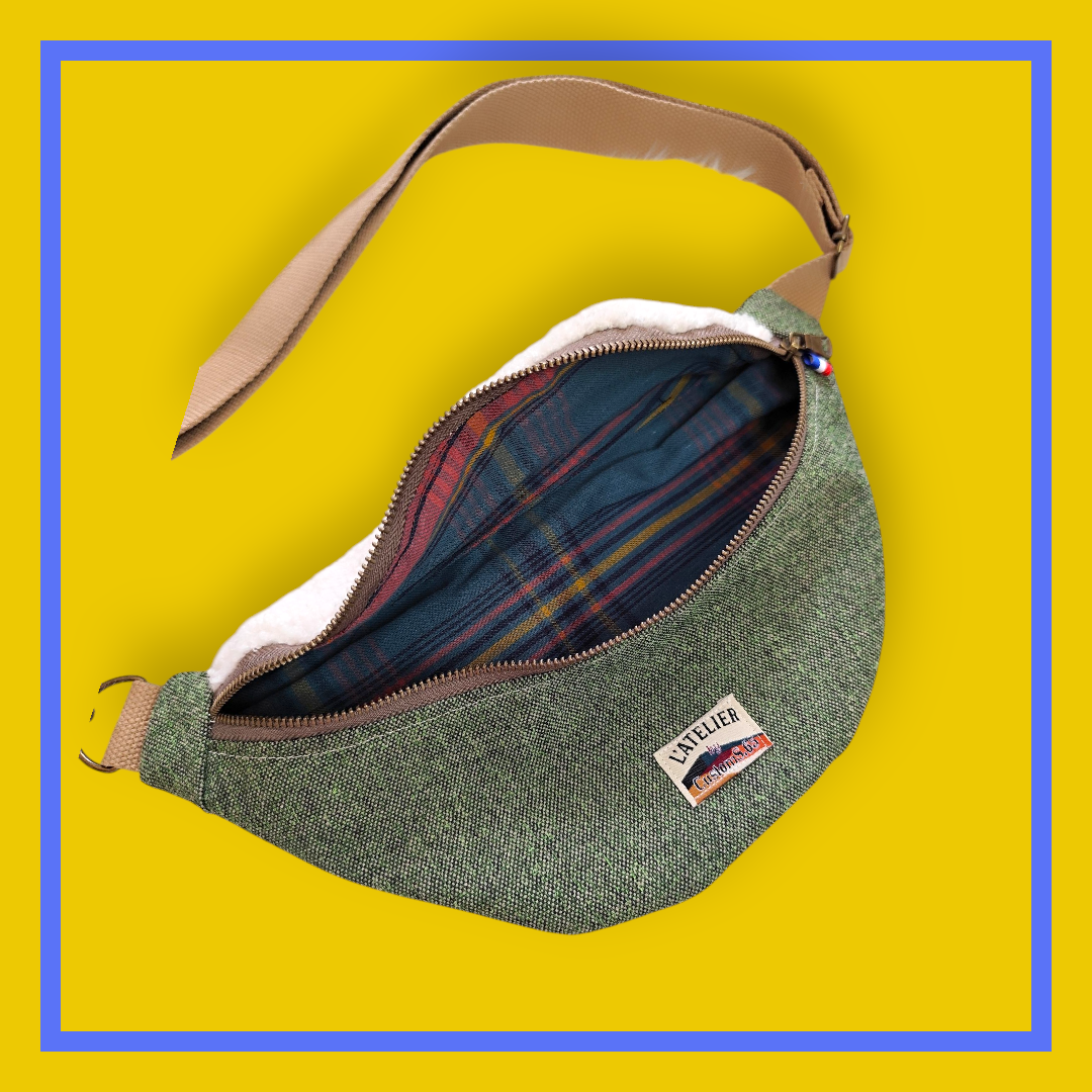 Sac banane vert kaki chiné sangle taupe
