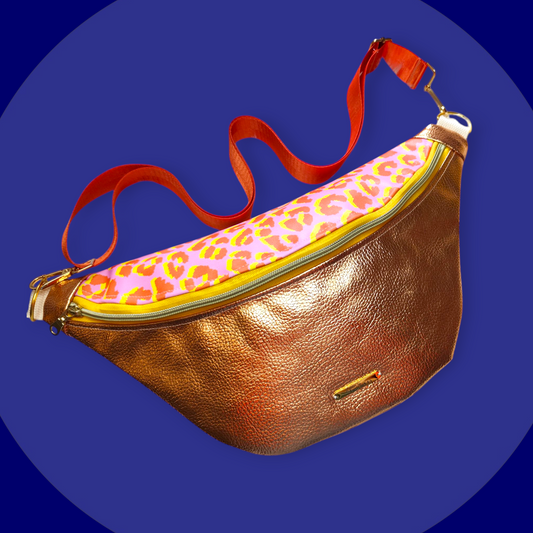 Sac banane cuir végan cuivre capot cuir végan léopard rose peps