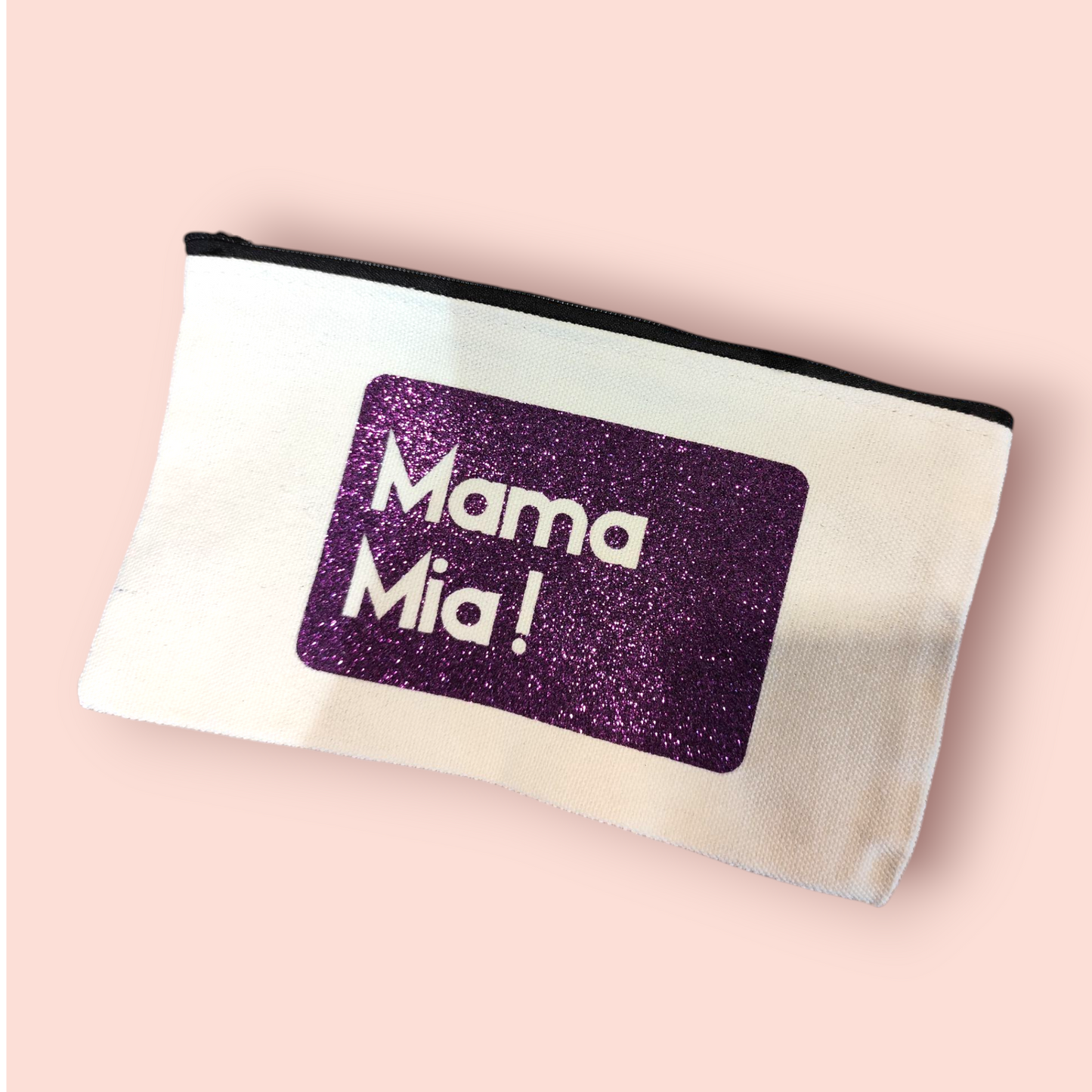 Petite Pochette à Zip écru "Mama Mia!" violet pailleté