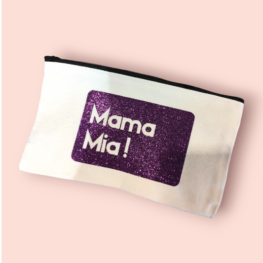 Petite Pochette à Zip écru "Mama Mia!" violet pailleté