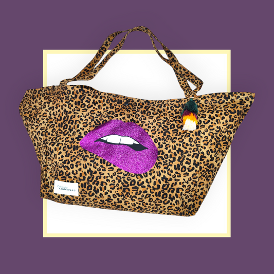 Sac Cabas léopard marron bouche violette pailleté