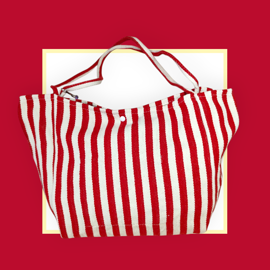 Sac Cabas rayé rouge écru bouche doré pailleté
