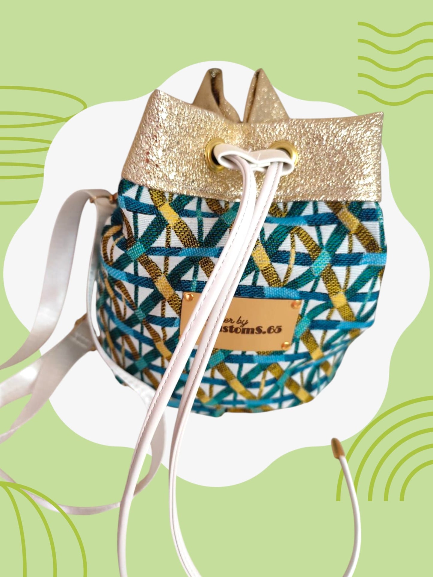 Sac seau jacquard blanc émeraude turquoise cuir vegan doré