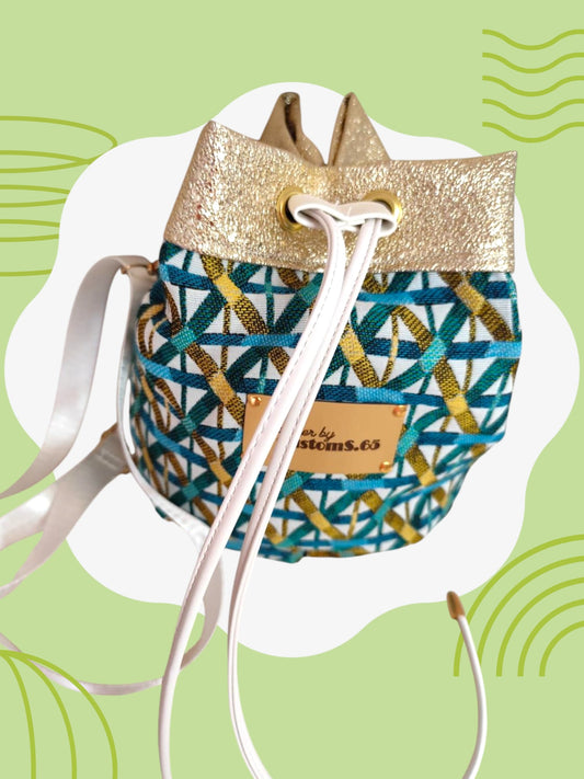 Sac seau jacquard blanc émeraude turquoise cuir vegan doré