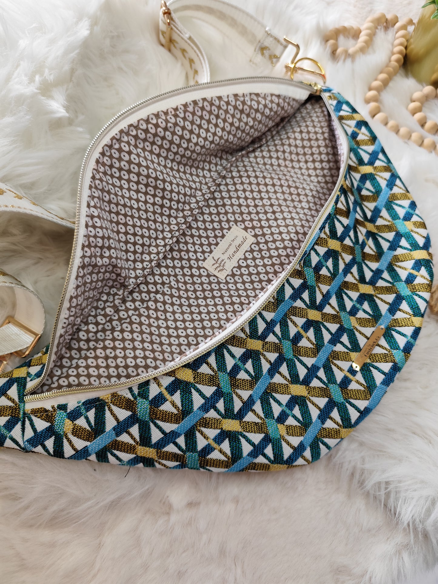 Sac banane jacquard blanc émeraude turquoise doré