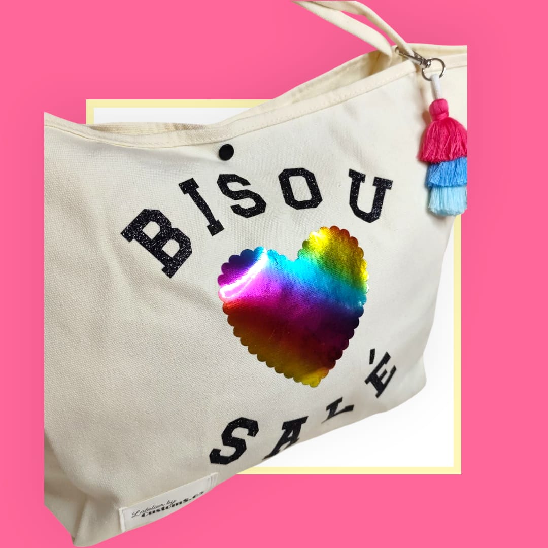 Sac Cabas écru bisou salé coeur caméléon