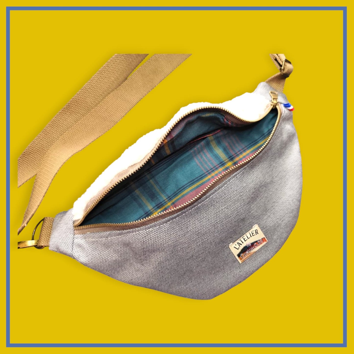 Sac banane gris foncé chiné sangle taupe