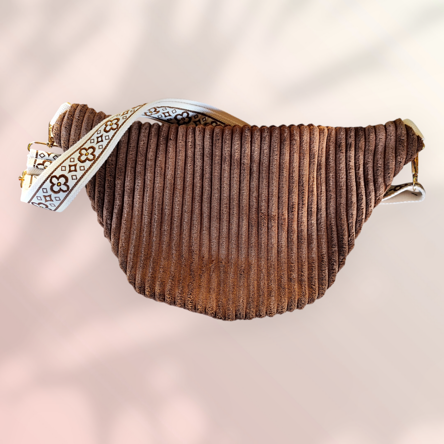 Sac banane velour grosse côte marron sangle beige