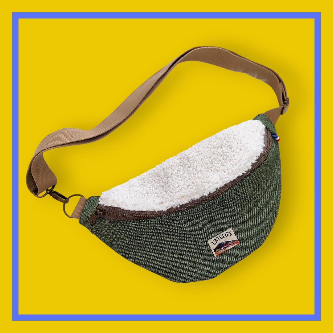 Sac banane vert kaki chiné sangle taupe