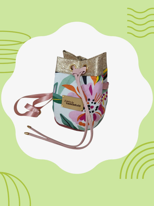 Sac seau tissu fleur multi cuir vegan doré