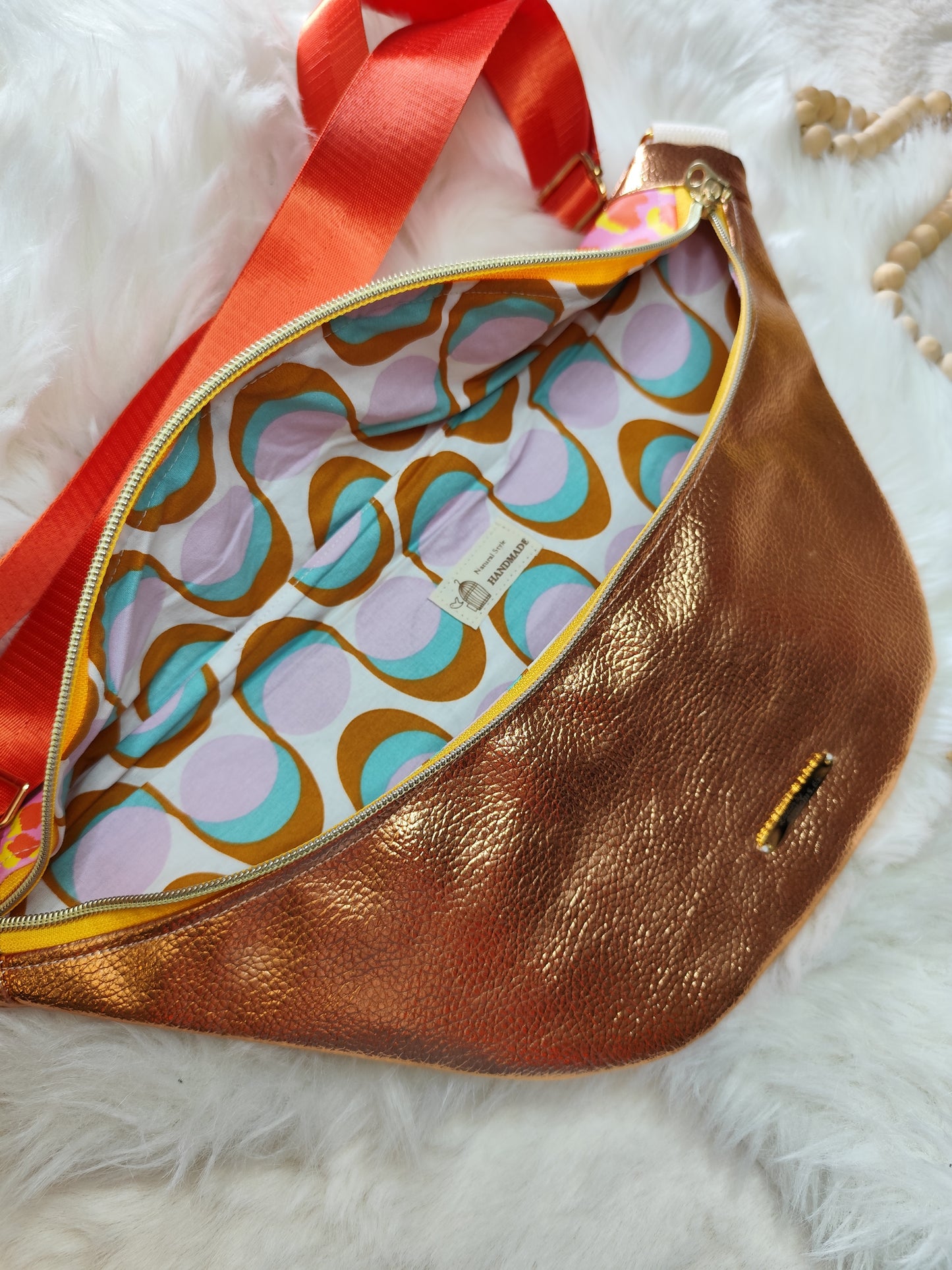 Sac banane cuir végan cuivre capot cuir végan léopard rose peps