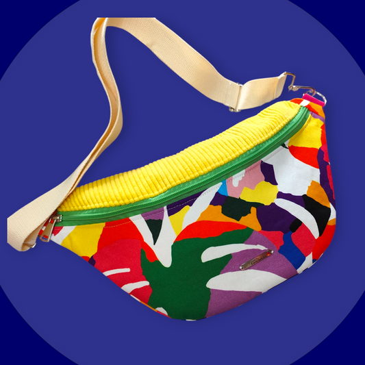 Sac banane motif multicolore capot velour côtelé jaune