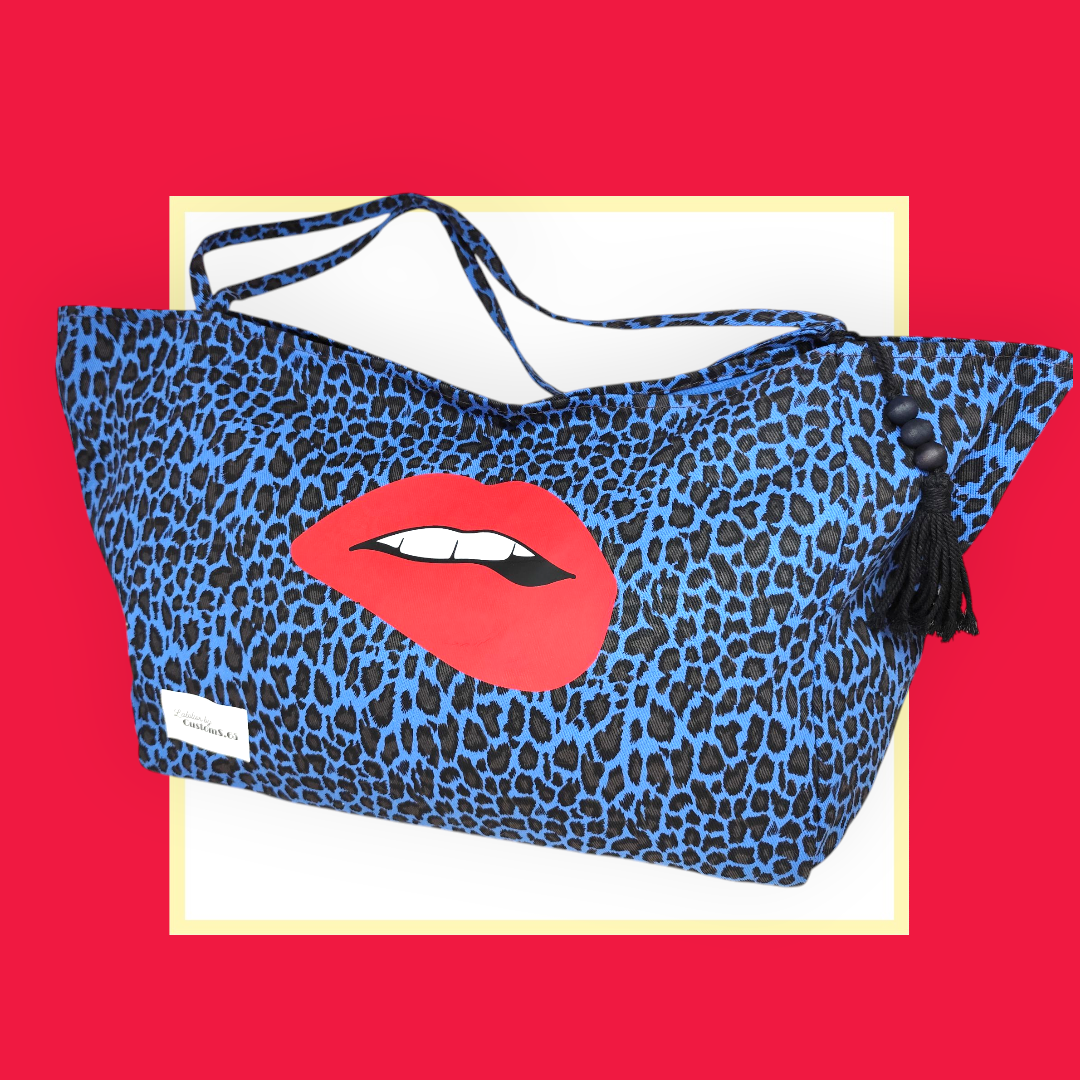 Sac Cabas léopard bleu bouche rouge