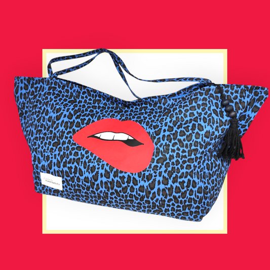 Sac Cabas léopard bleu bouche rouge