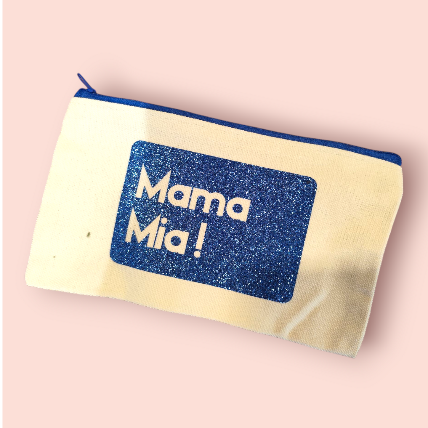 Petite Pochette à Zip écru "Mama Mia!" bleu pailleté