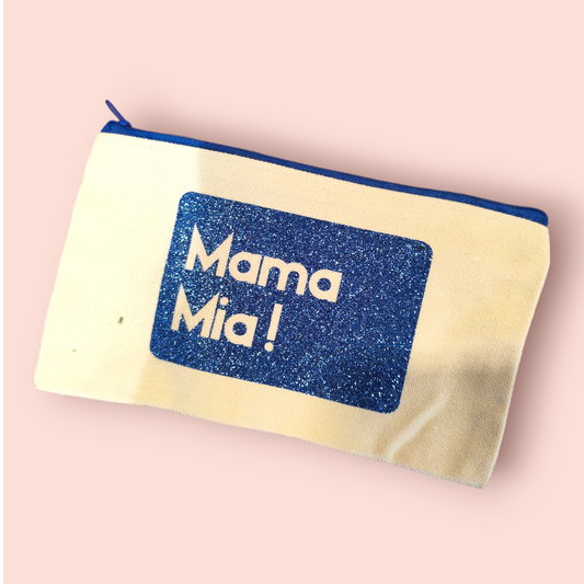 Petite Pochette à Zip écru "Mama Mia!" bleu pailleté