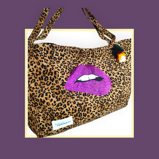 Sac Cabas léopard marron bouche violette pailleté