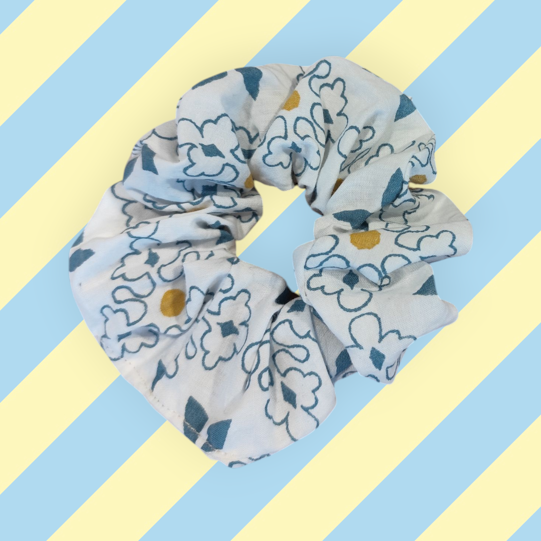 Chouchou tendance blanc motif bleu moutarde