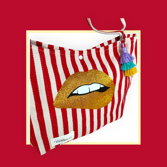 Sac Cabas rayé rouge écru bouche doré pailleté