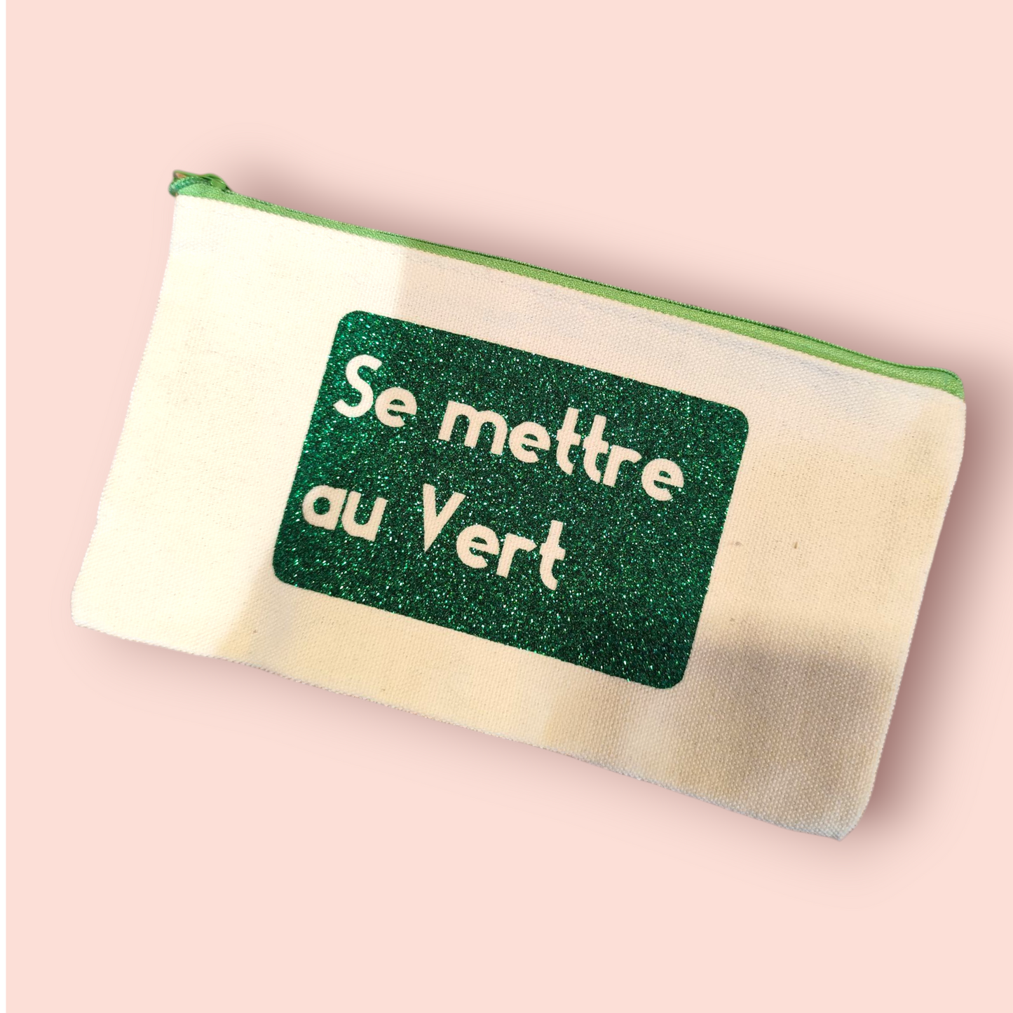 Petite Pochette à Zip écru "Se mettre au Vert" vert pailleté