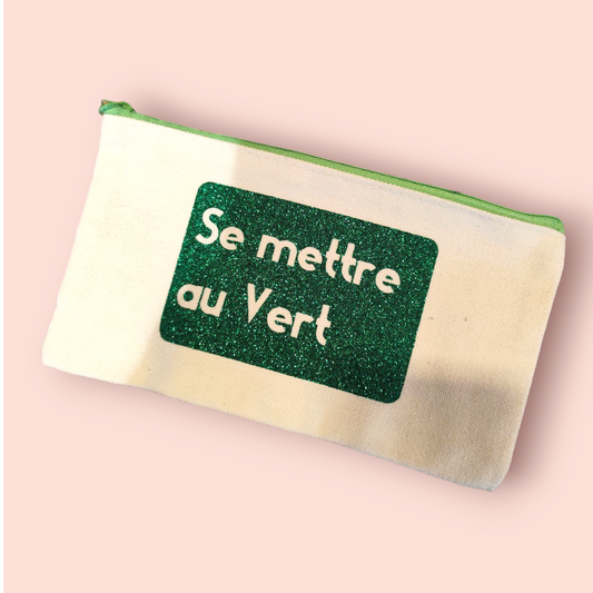 Petite Pochette à Zip écru "Se mettre au Vert" vert pailleté