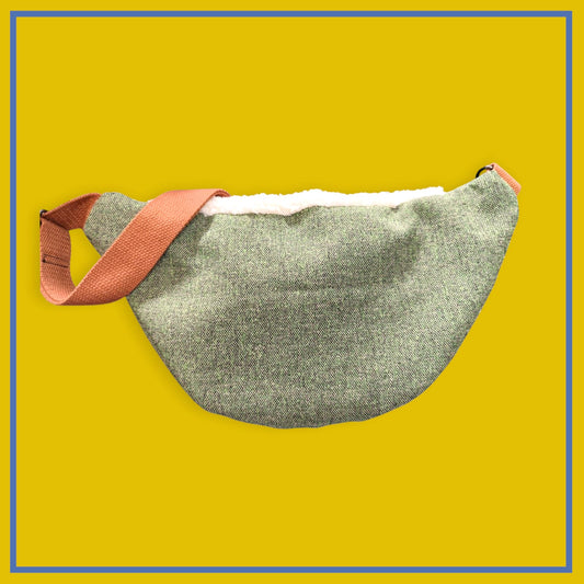 Sac banane vert kaki chiné sangle marron camel