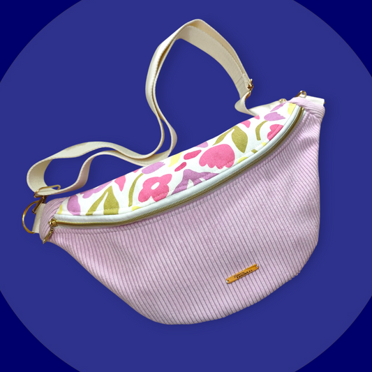 Sac banane velour côtelé parme capot fleuri
