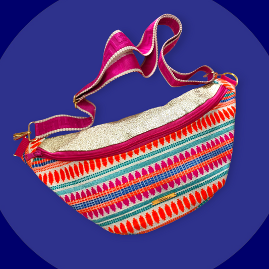 Sac banane motif coloré berbère capot cuir vegan doré