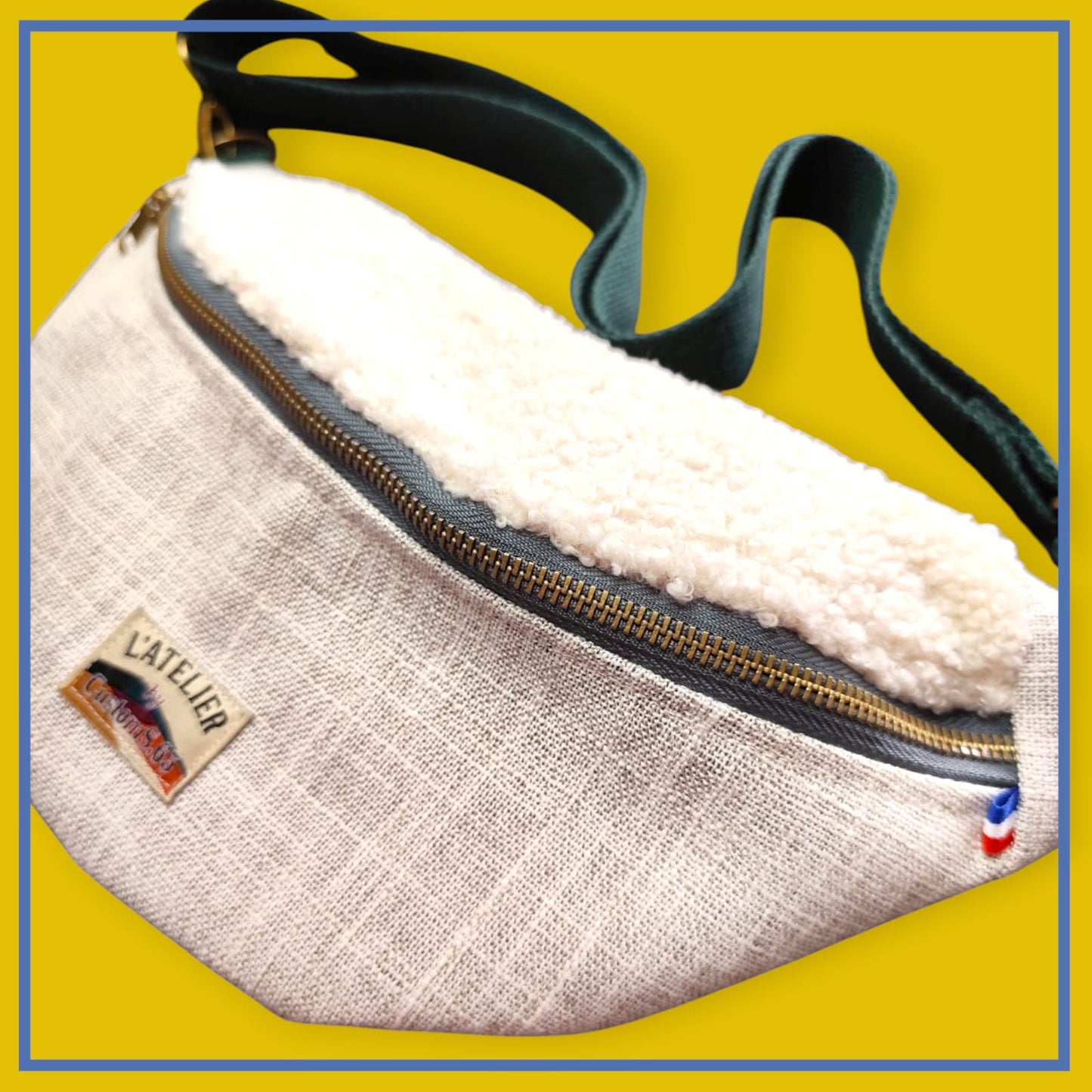 Sac banane gris clair chiné sangle vert sapin
