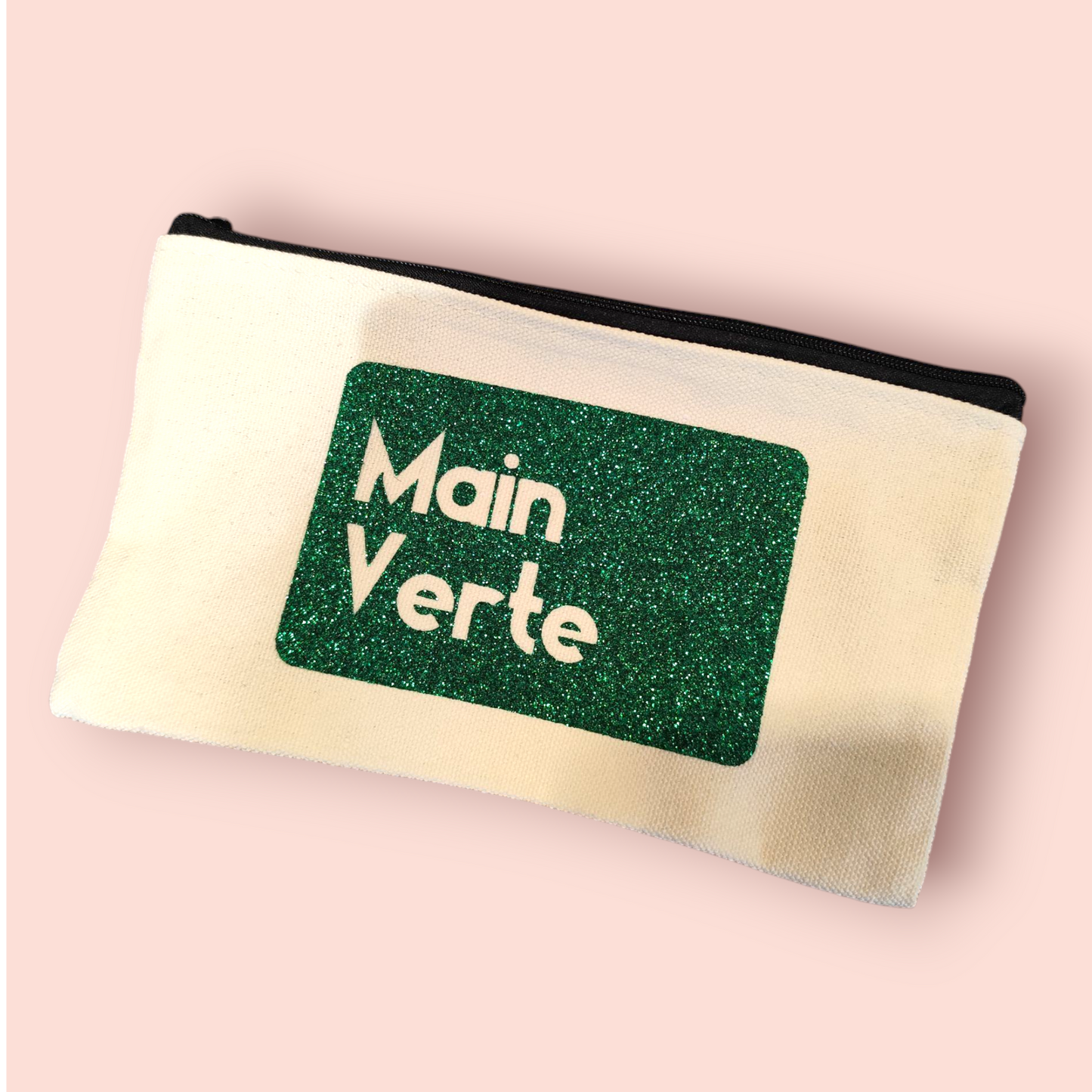 Petite Pochette à Zip écru "Main Verte" vert pailleté