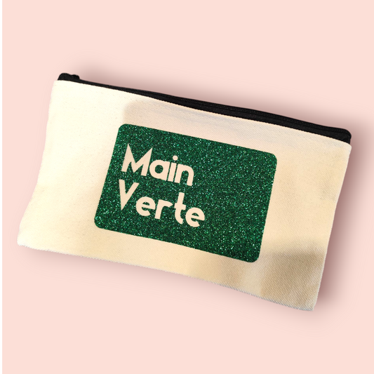 Petite Pochette à Zip écru "Main Verte" vert pailleté
