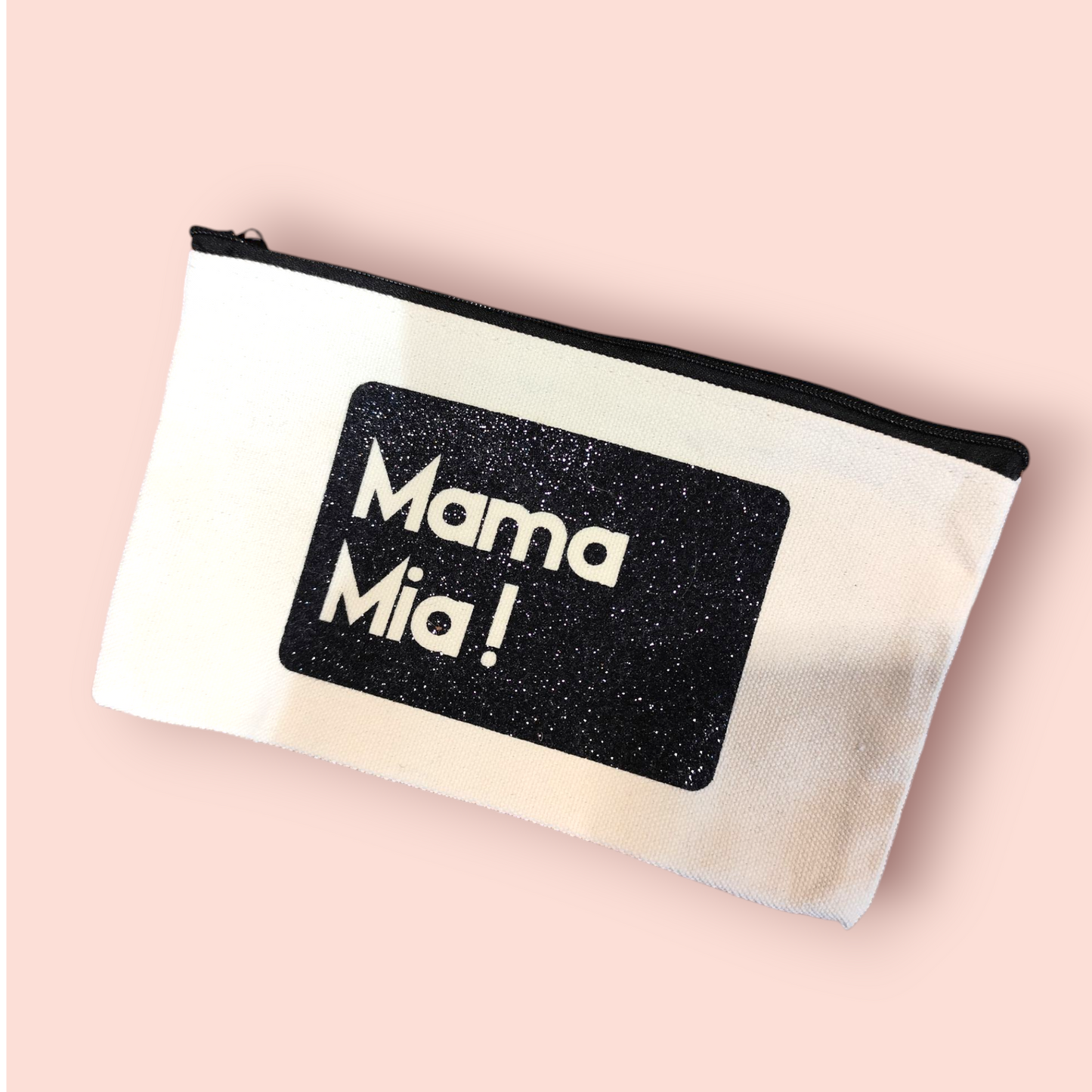 Petite Pochette à Zip écru "Mama Mia!" noir pailleté