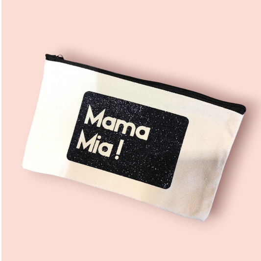 Petite Pochette à Zip écru "Mama Mia!" noir pailleté