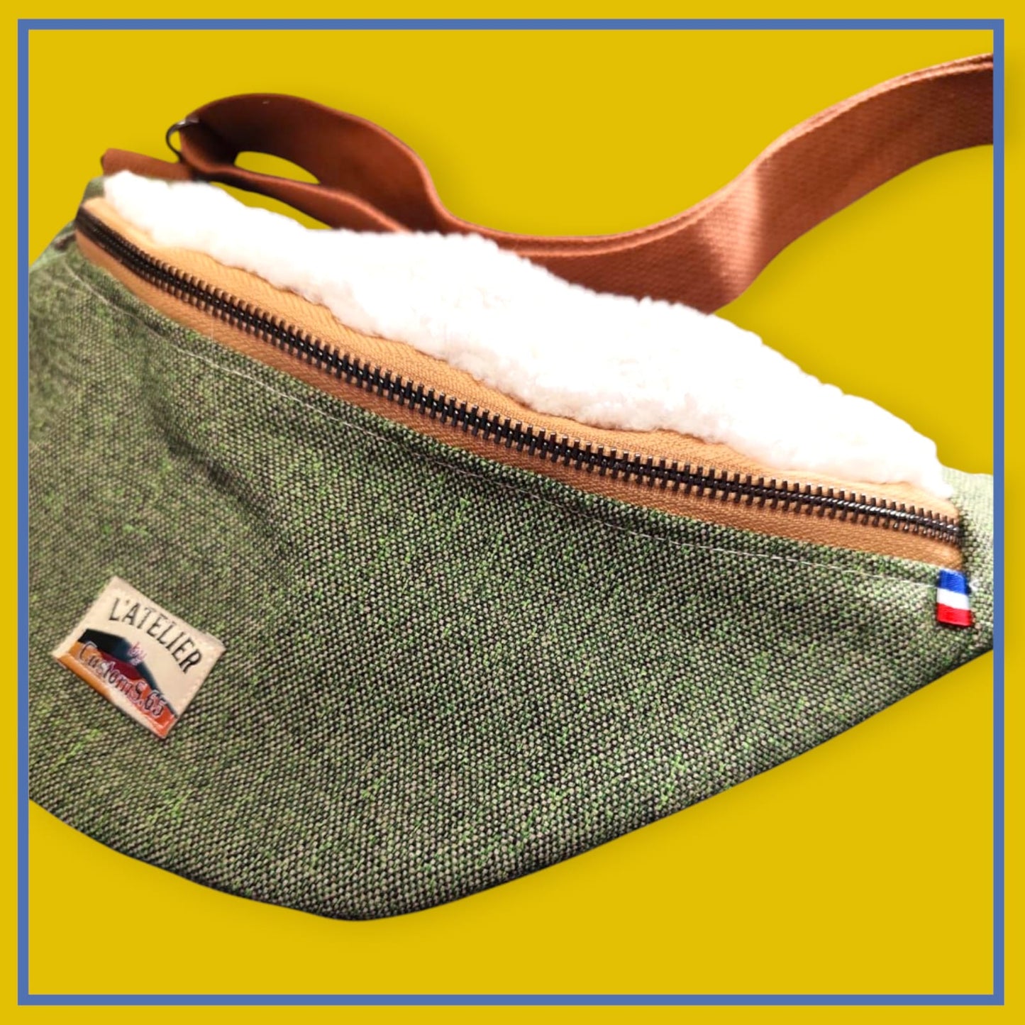 Sac banane vert kaki chiné sangle marron camel