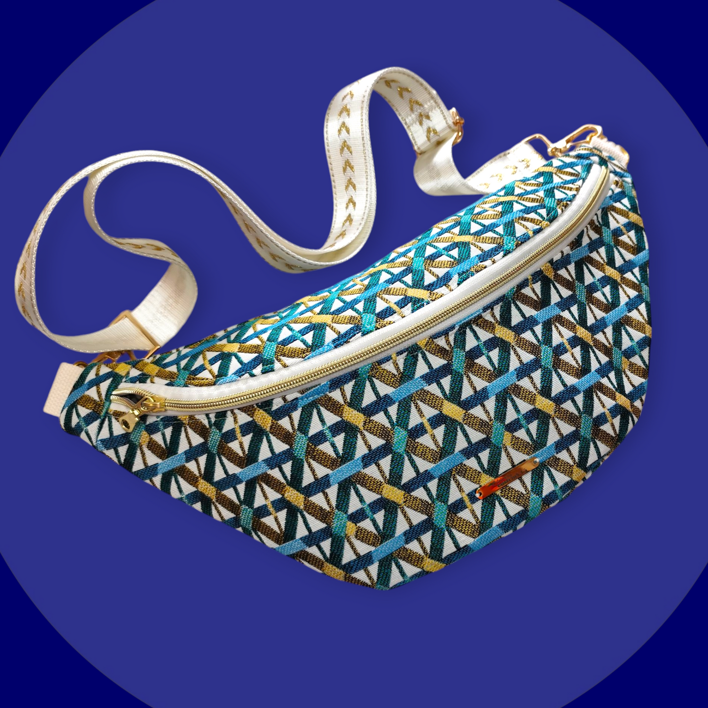 Sac banane jacquard blanc émeraude turquoise doré