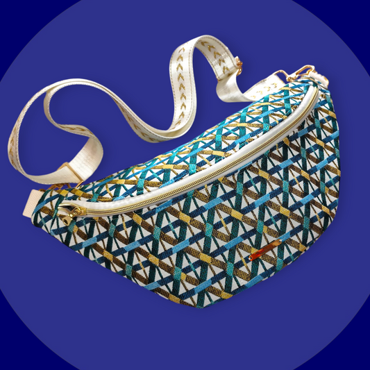Sac banane jacquard blanc émeraude turquoise doré
