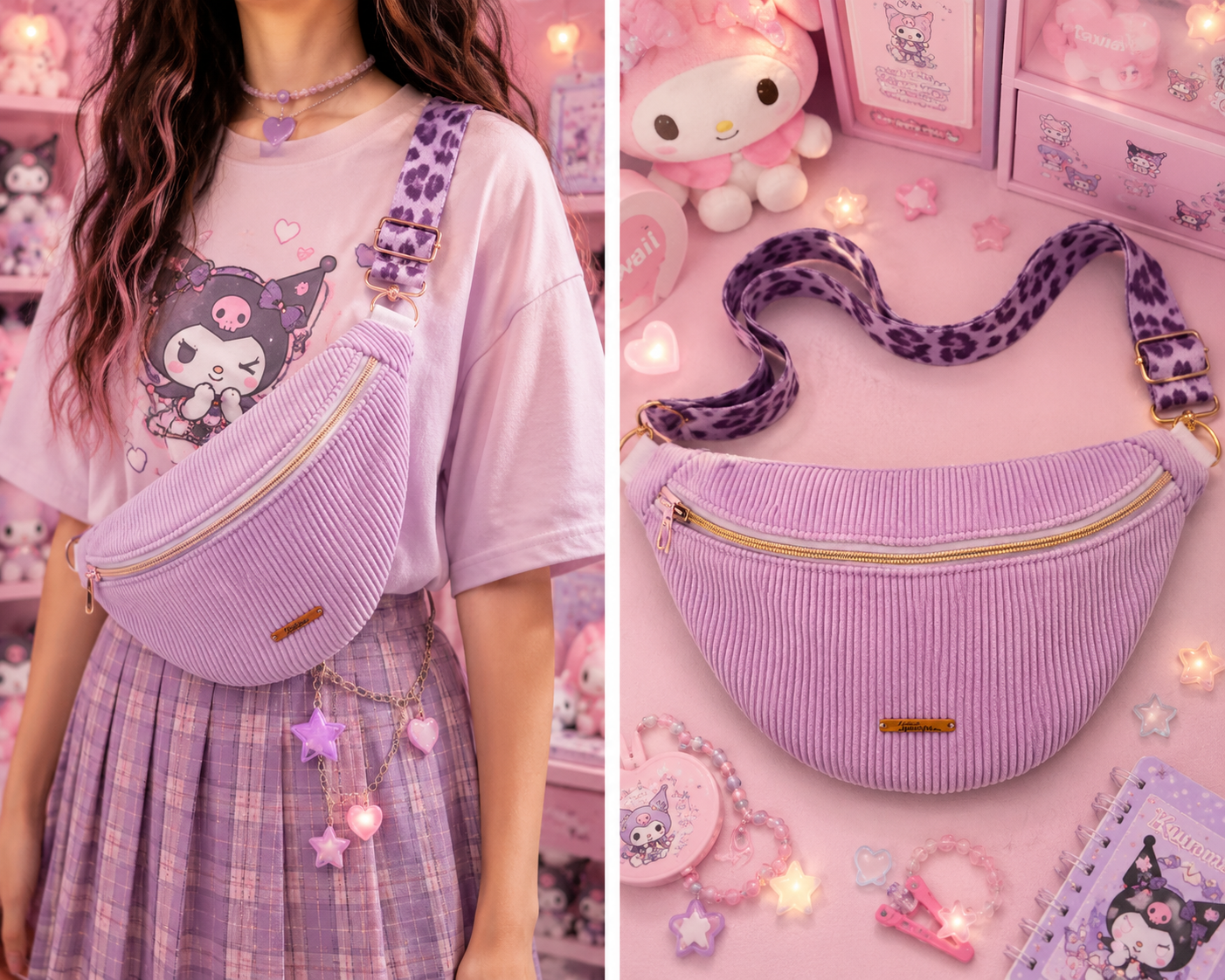 Sac banane velour côtelé lila parme sangle léopard