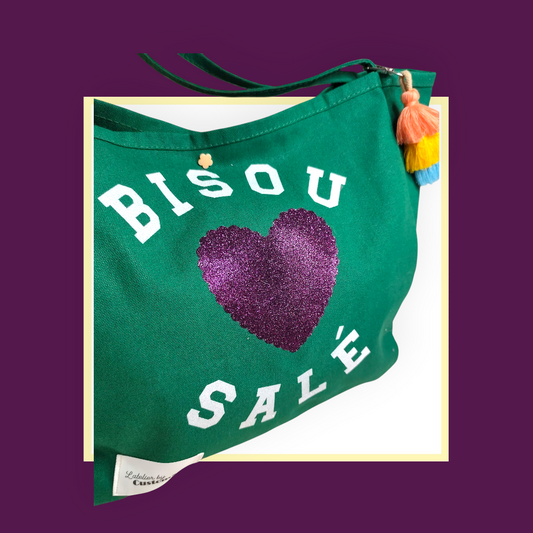 Sac Cabas vert bisou salé blanc coeur violet pailleté