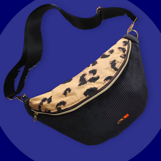 Sac banane velour côtelé noir capot léopard