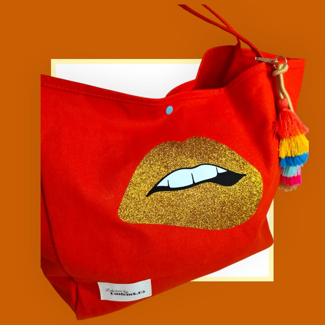Sac Cabas orange bouche paillettes doré