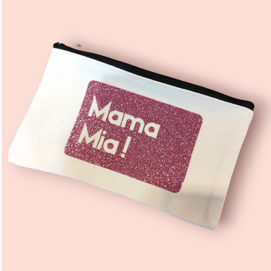 Petite Pochette à Zip écru "Mama Mia !" rose pailleté
