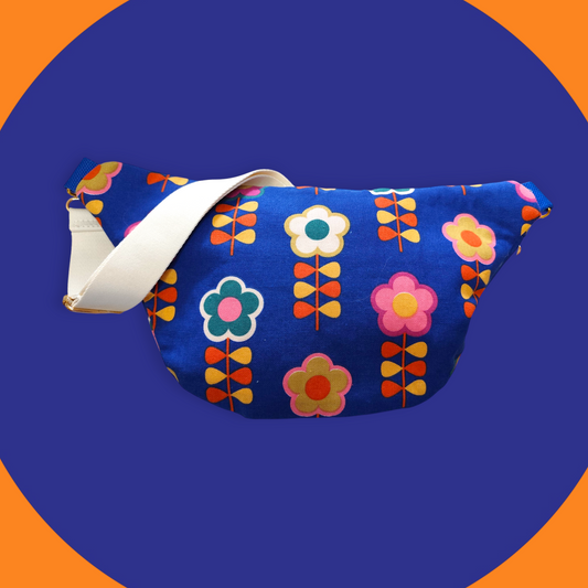 Sac banane bleue motif fleur vintage capot cuir vegan doré