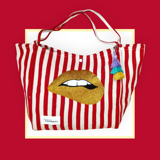 Sac Cabas rayé rouge écru bouche doré pailleté