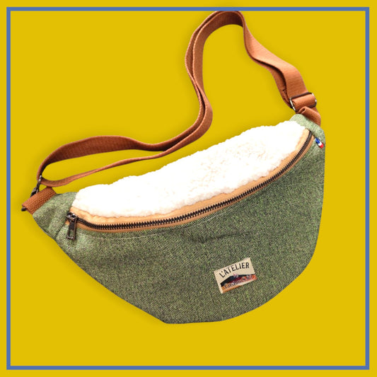 Sac banane vert kaki chiné sangle marron camel