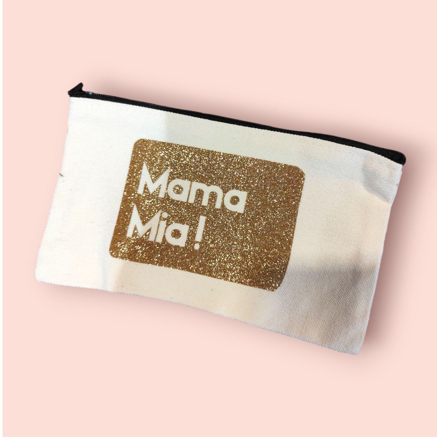 Petite Pochette à Zip écru "Mama Mia!" doré pailleté