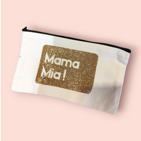 Petite Pochette à Zip écru "Mama Mia!" doré pailleté