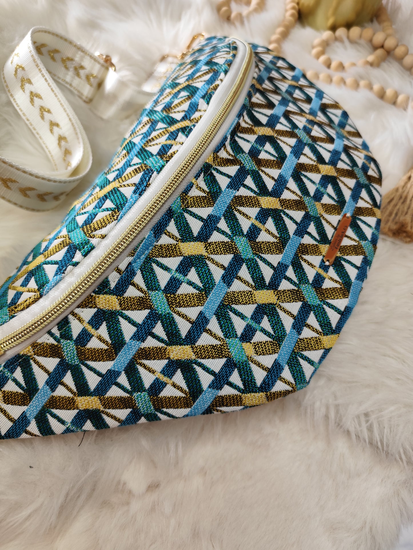 Sac banane jacquard blanc émeraude turquoise doré