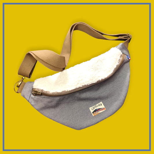 Sac banane gris foncé chiné sangle taupe