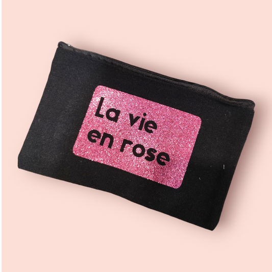 Petite Pochette à Zip noir "La vie en rose" rose pailleté