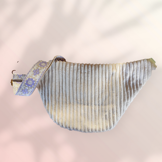 Sac banane velour grosse côte beige sangle parme